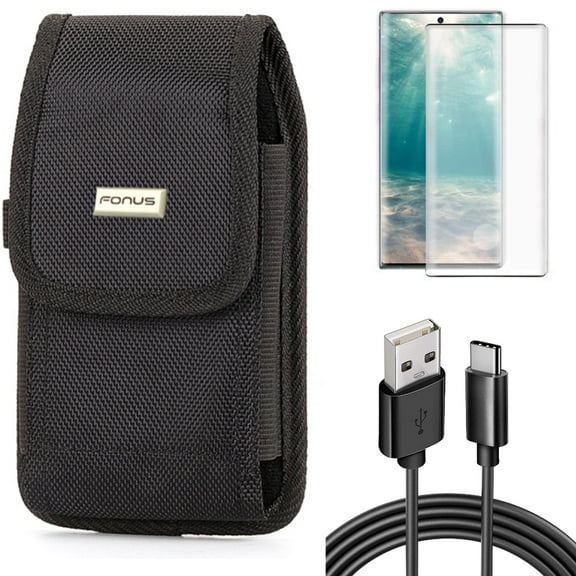 Screen Protector & Case Belt Clip & 6ft USB Cable for Samsung Galaxy Note 20 (6.7") - Combo with Tempered Glass (Fingerprint Unlock) & Rugged Holster & Type-C Charger Cord