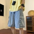 thumbnail image 2 of Jean Shorts Men Baggy Drawstring Knee Length Wide Leg Cargo Jeans Shorts Casual Summer Loose Fit Street Men Denim Shorts, 2 of 9