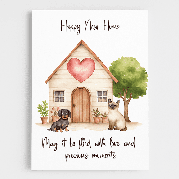 Happy New Home Card with Dogs and Cats – Heartwarming Design for Housewarming Gifts – Blank Inside, Envelope Included – Perfect for Celebrating New Beginnings