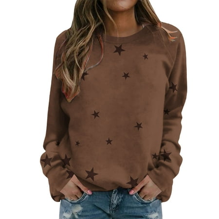 Comdrip Womens Sweatshirts Trendy Womens Sweatshirt Crew Neck Star Graphic Pullover Tops 2025 Fall Casual Long Sleeve Oversized Sweatshirt Sweatshirts for Women Loose Fit Khaki S