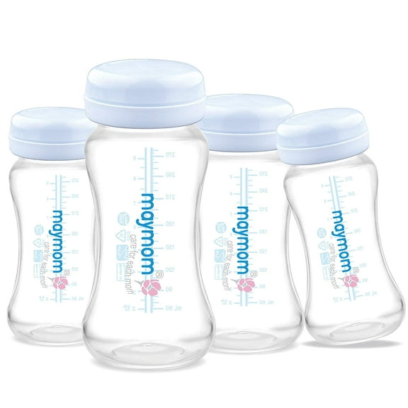 Maymom Wide-Mouth Milk Storage Collection Bottle with Travel Cap Sealing Ring, Blue 4pc