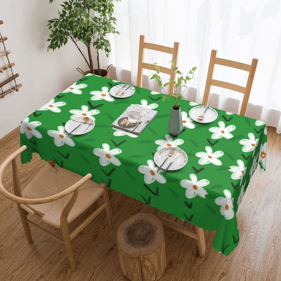 XMXY Table Cloth Rectangle Table, White Floral Art Pattern Dining Table Cover Waterproof Washable Outdoor Tablecloth, 54 X 72 Inch