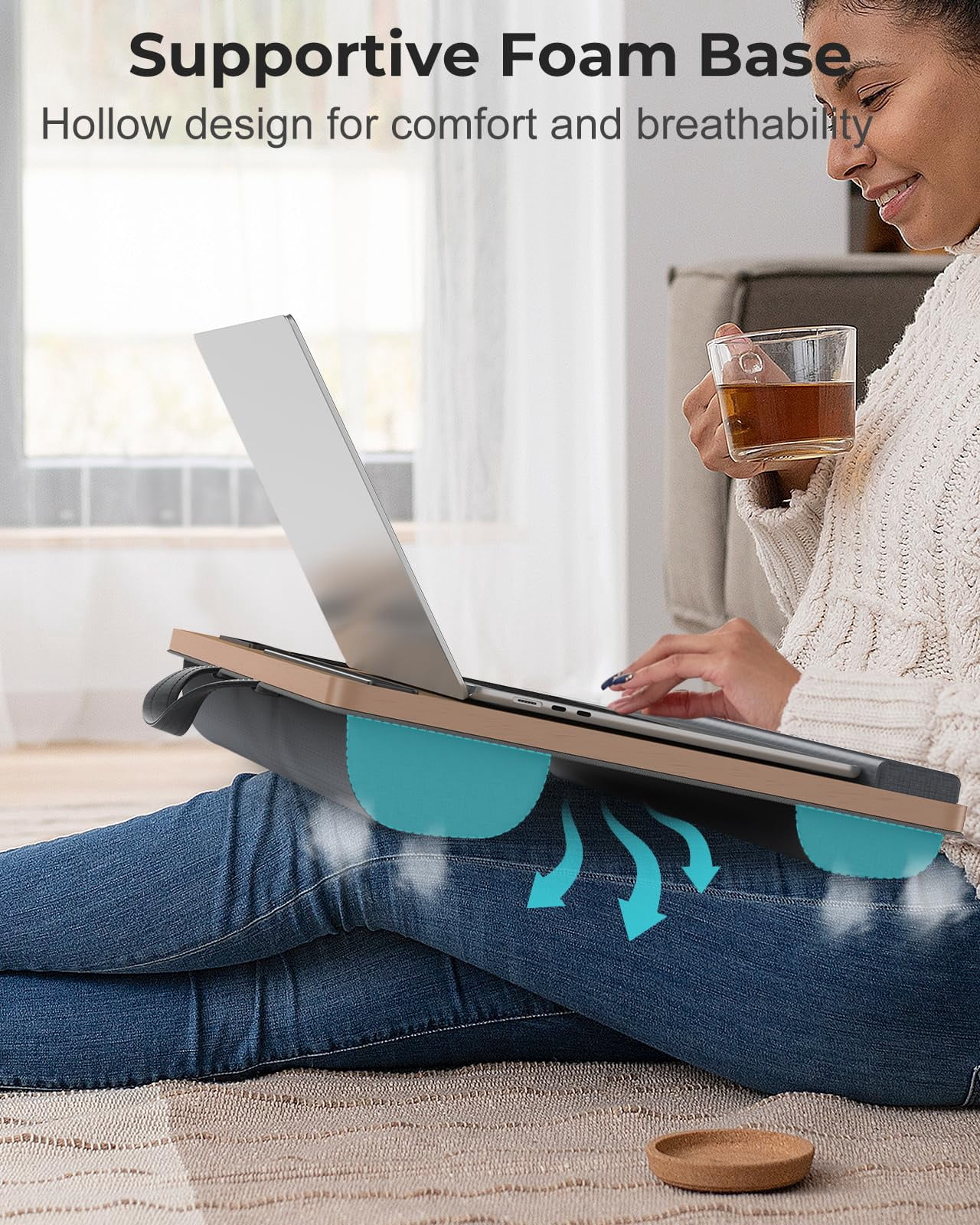 Lap Desk - Up To 17" Laptop With Wrist Rest  Portable Handle 2 Self-adhesive Pvc Mouse Pads Tablet & Phone Slots Stand For Bed Cushion (dark Brown Woodgrain)