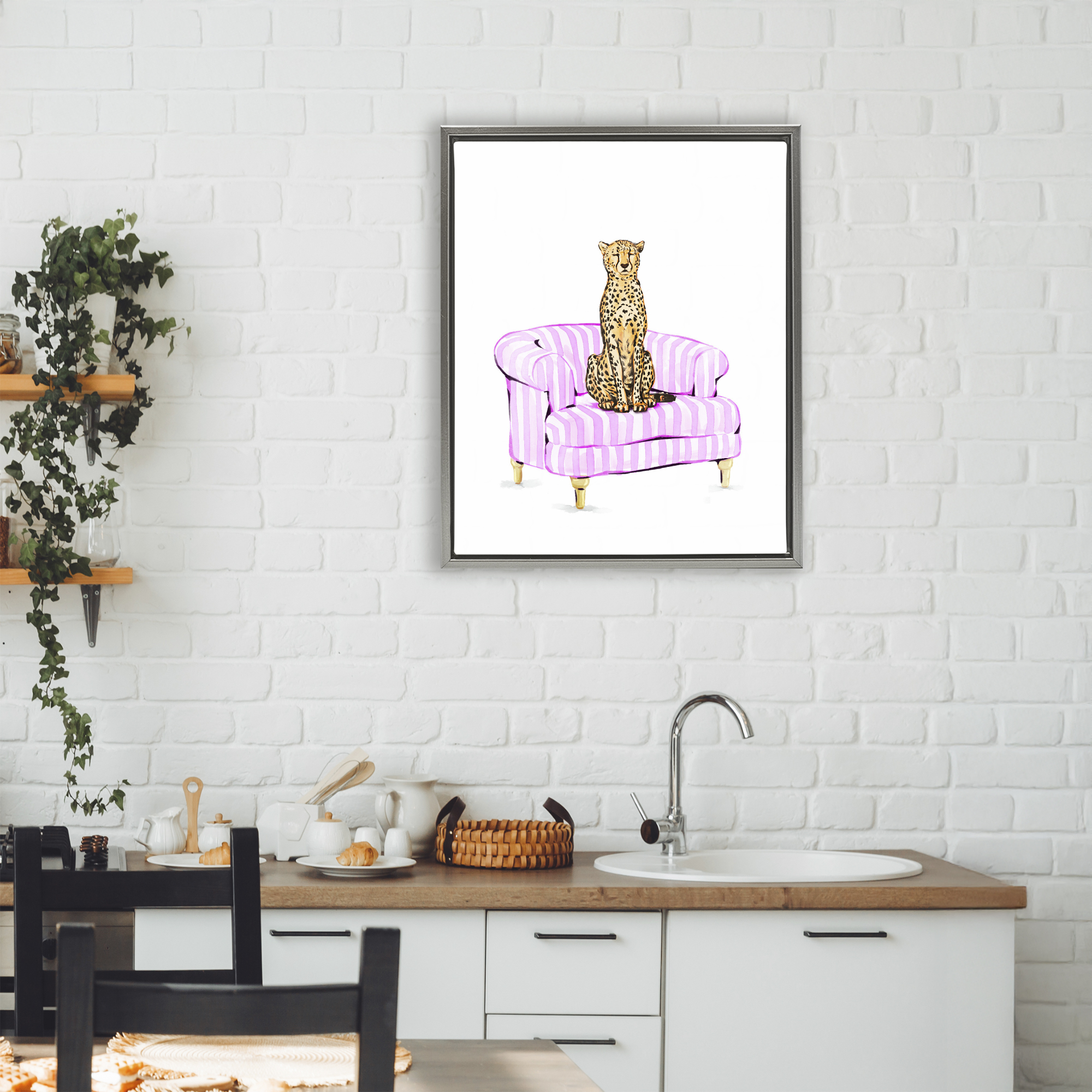 Cheetah on Pink Stripe Chair Gray Framed Floater Canvas Wall Art, design by Ziwei Li