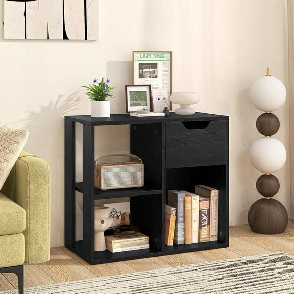 Cube Bookcase, Small Bookshelf with Drawer, 2-Tier Open Shelves, Modern Display Shelf, 21" H Wooden Floor Toy Storage Organizer for Bedroom, Living Room, Playroom, Office (1, Black)
