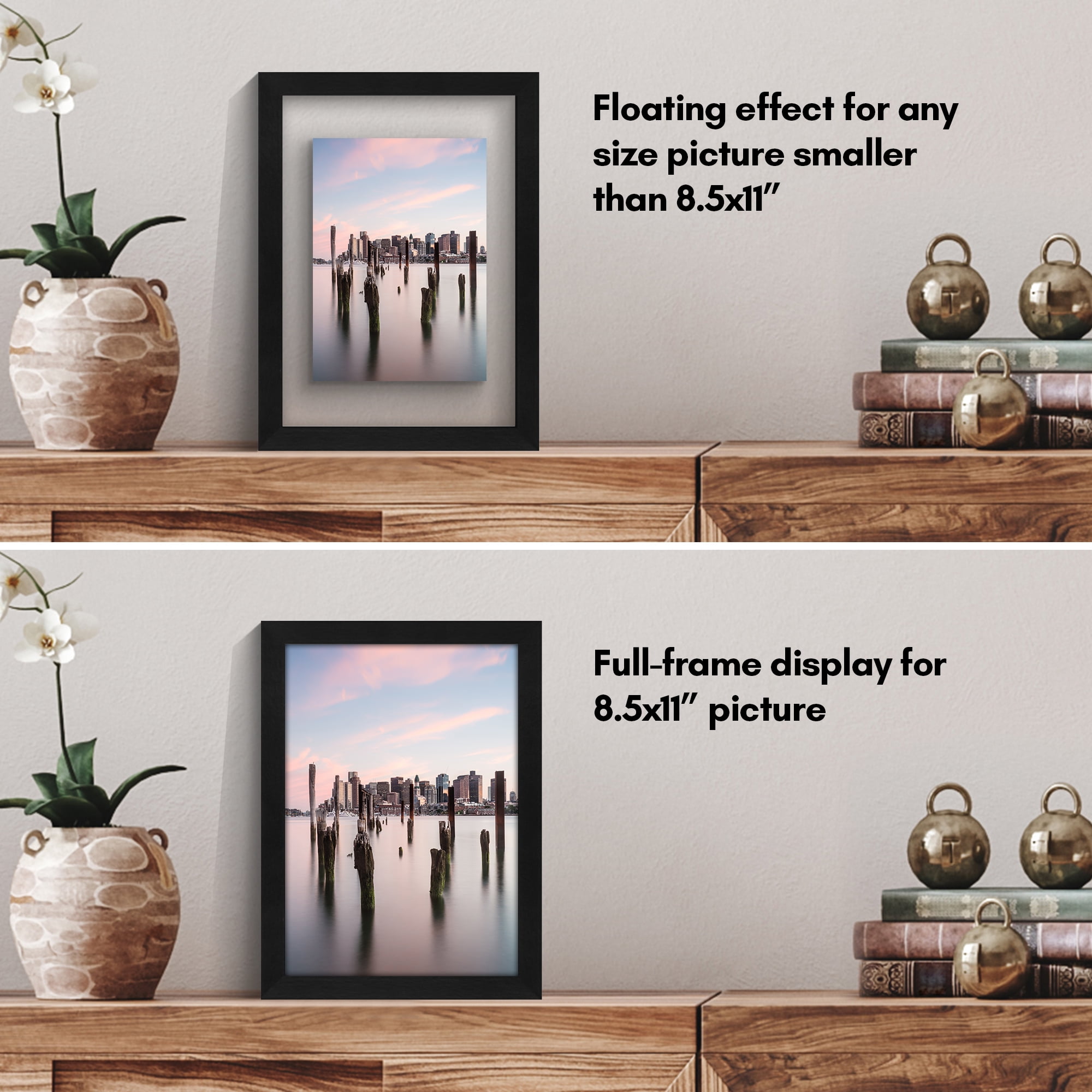 Americanflat 8.5x11 Picture Frame Floating Polished Crystal Clear Glass Display Photo Signature Float - Black