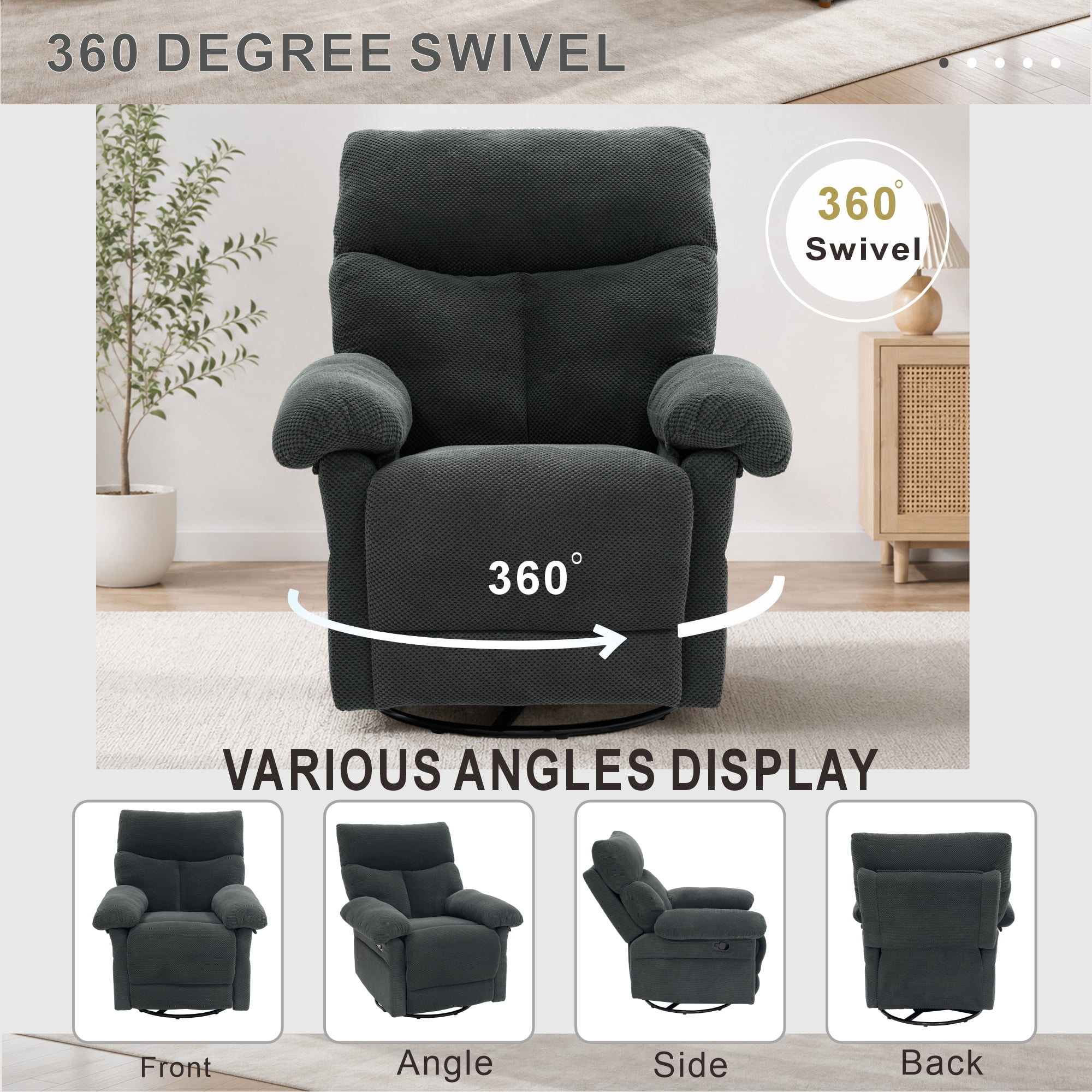 Homy Casa Swivel Rocker Recliner, 360 Manual Chair for Living Room, Nursery and Bedroom, Dark Gray