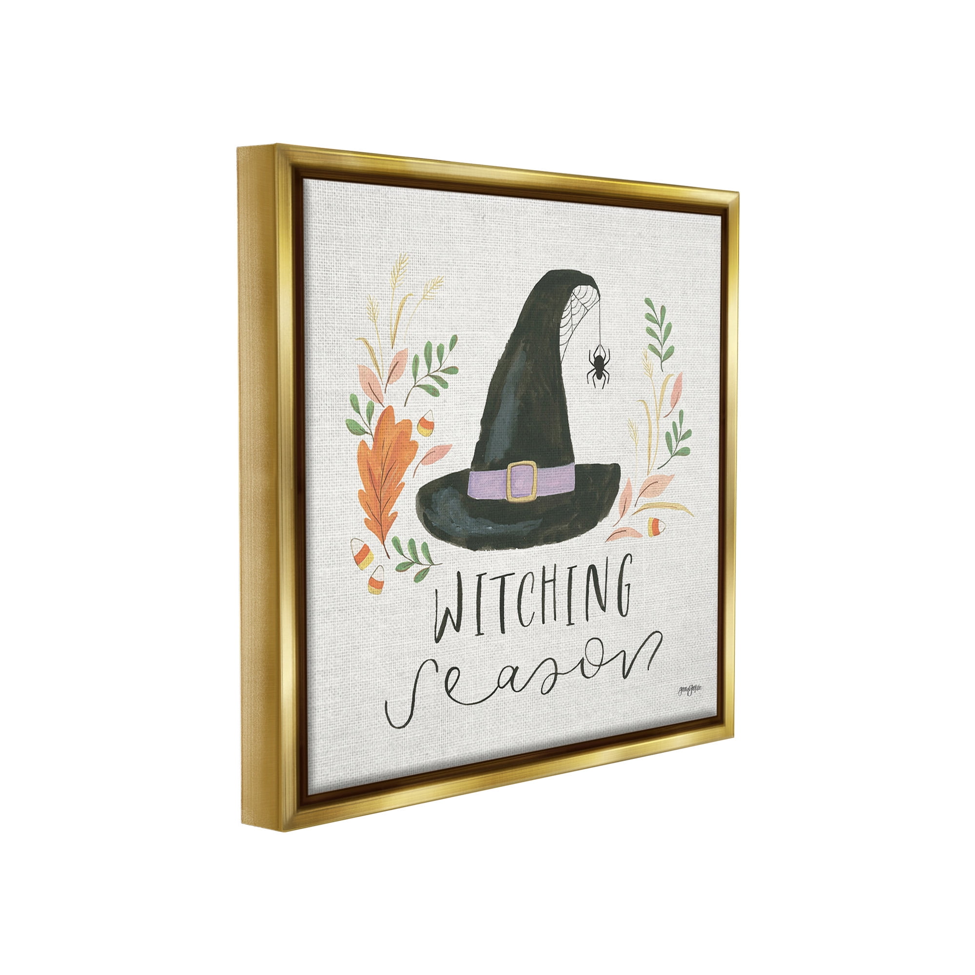 Stupell Industries Whimsical Witching Season Holiday Painting Gold Floater Framed Canvas Art Print Wall Art, 18 x 18