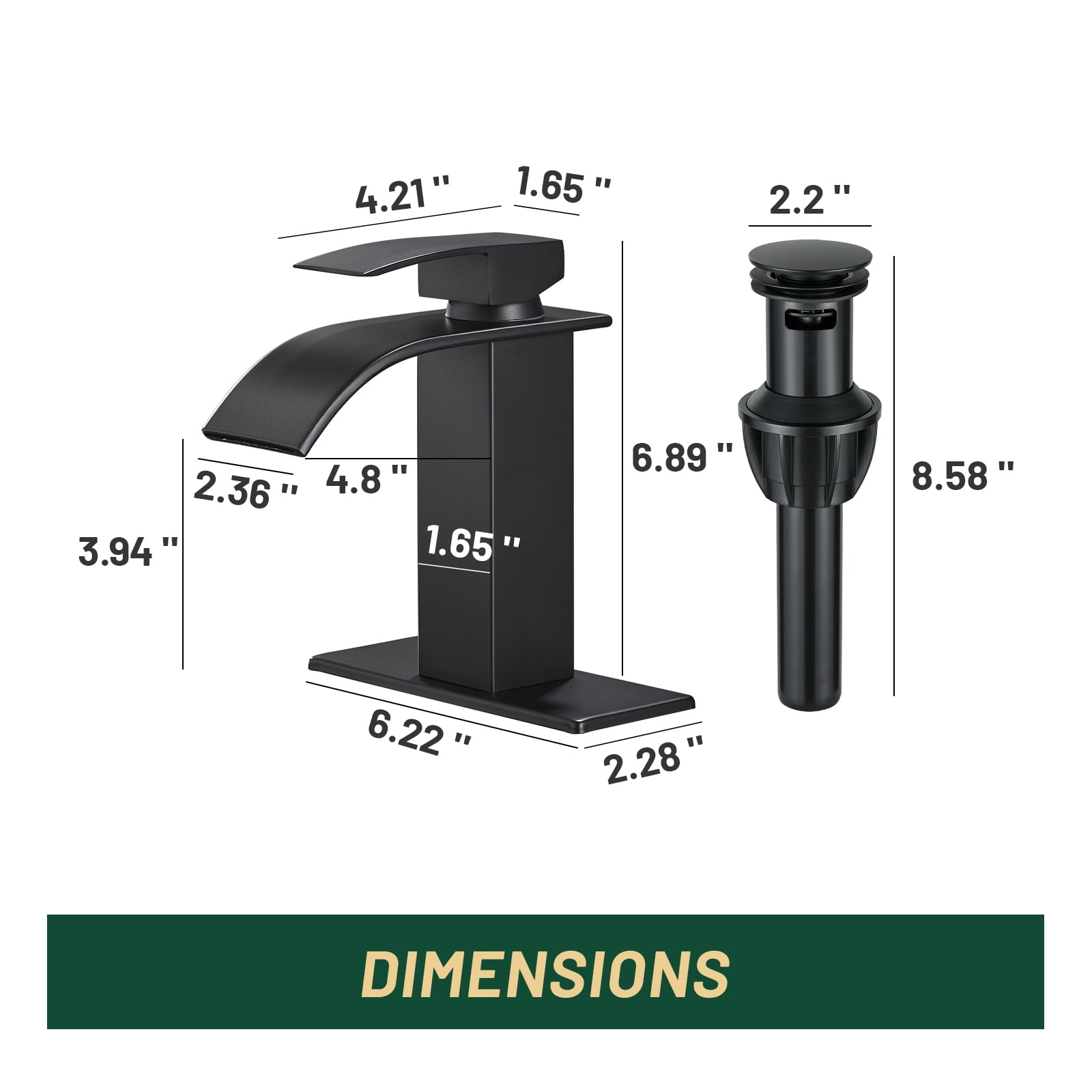 Cobbe Single Handle Single Hole Matte Black Waterfall Bathroom Sink Faucet with Deck Plate and Pop-Up Drain Assembly
