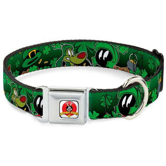 Looney Tunes Pet Collar, Dog Collar Metal Seatbelt Buckle, Marvin the Martian K9 Poses Clovers Greens, 16 to 23 Inches 1.5 Inch Wide