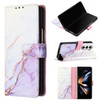 Crossbody Wallet Case for Samsung Galaxy Z Fold5, Marble Pattern Luxury PU Leather Detachable Shoulder Strap Lanyard Magnetic Clasp Flip Cover with Card Slots Holder Kickstand Case,Purple & White