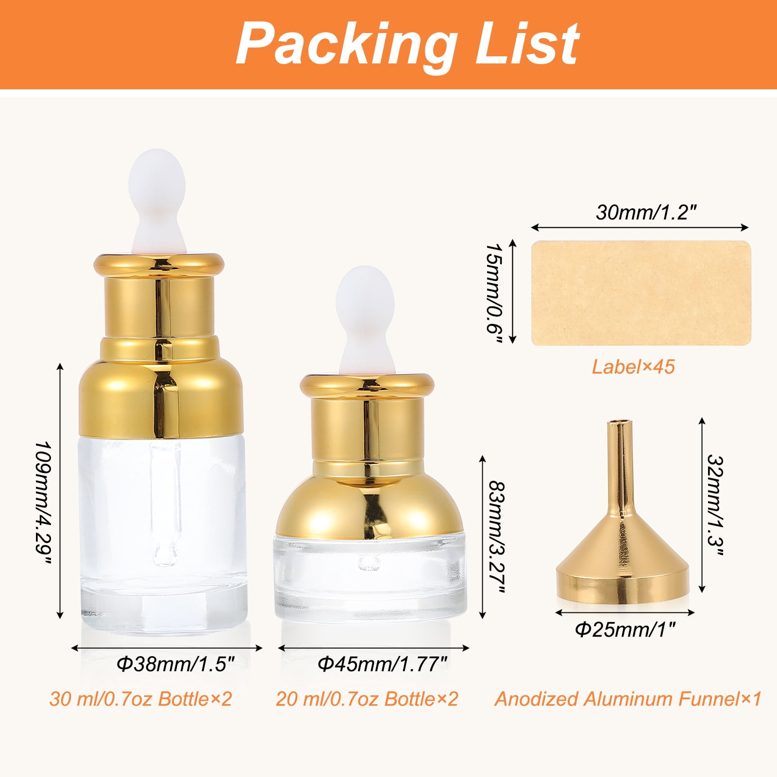 Uxcell 0.7 oz Short/1 oz High Clear Eye Dropper Bottle for Essential Oils, 4 Pack Leakproof Flat Glass Perfumes Bottle with Funnel Labels for Perfumes Bottles for Storage and Travel, Gold