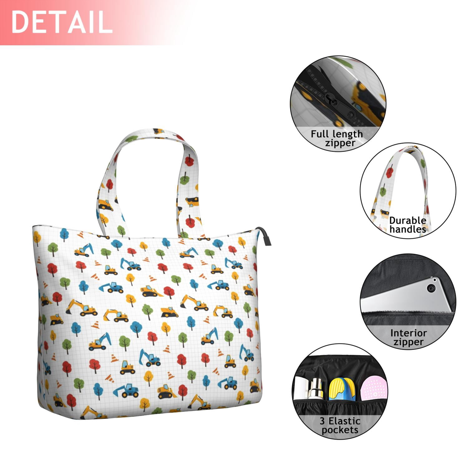 Cartoon Construction Vehicles Trees Travel Tote Bags for Women Carry On,Large Weekender Bags for Women Travel,Multi Functional Duffle Bag for Work,Shopping,Sports
