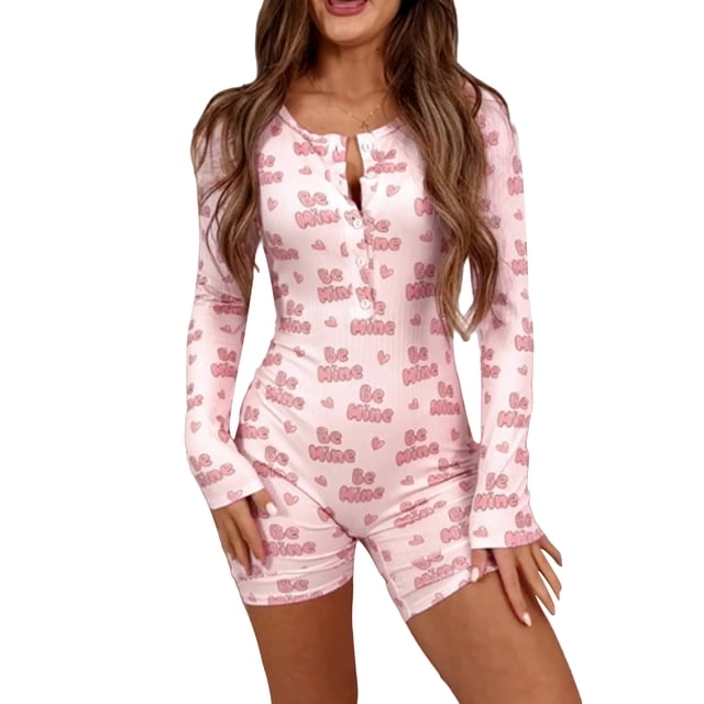EYIIYE Combinaison Courte de Pyjama pour Femme, Tenue de Détente Moulante pour Dames, Combinaison à Manches Longues, Justaucorps Ajusté à Imprimé Cœur, Col Ras du Cou, Pyjama à Boutons, Printemps Automne