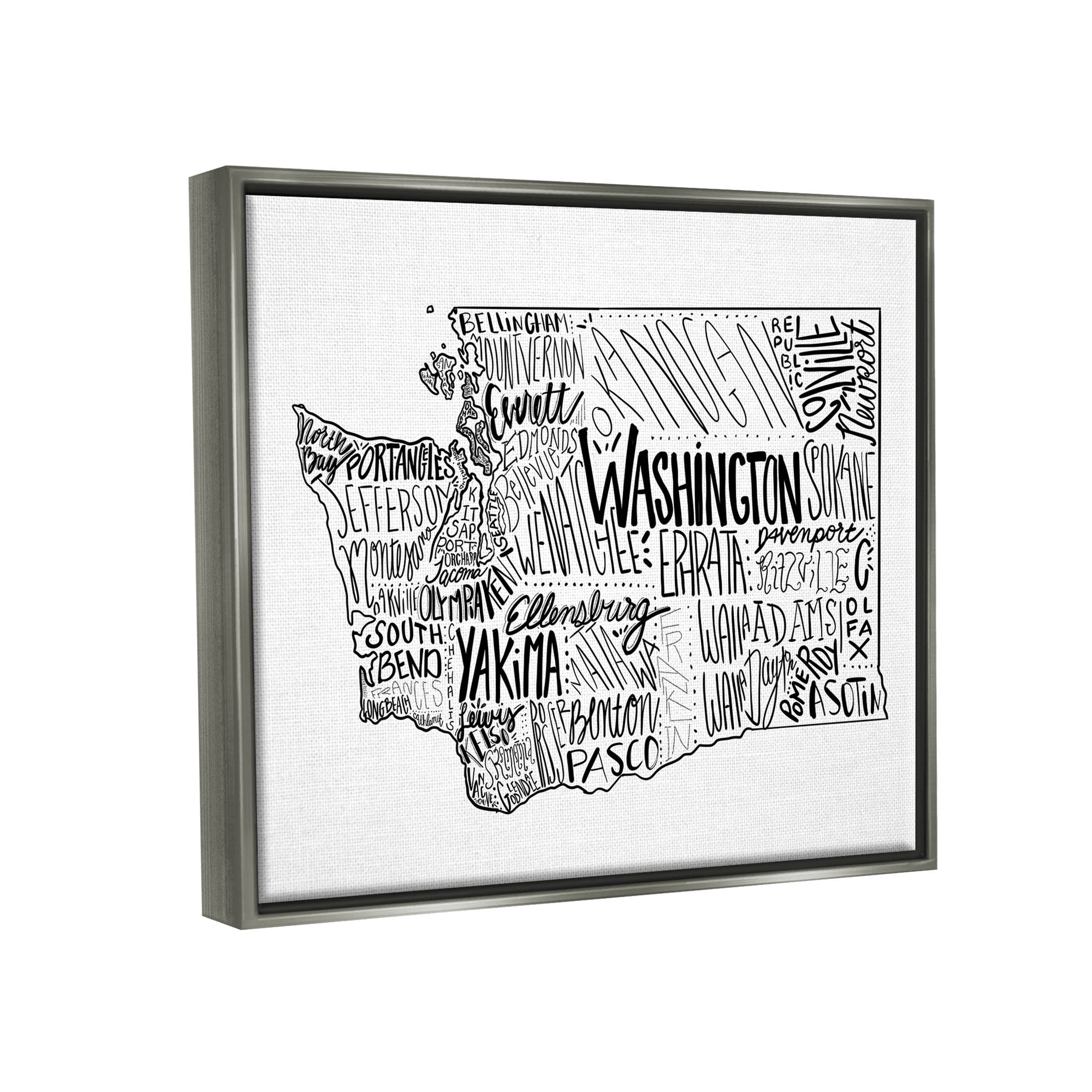 Stupell Industries Washington State Cities Text Graphic Art Luster Gray Floating Framed Canvas Print Wall Art, Design by The Saturday Evening Post