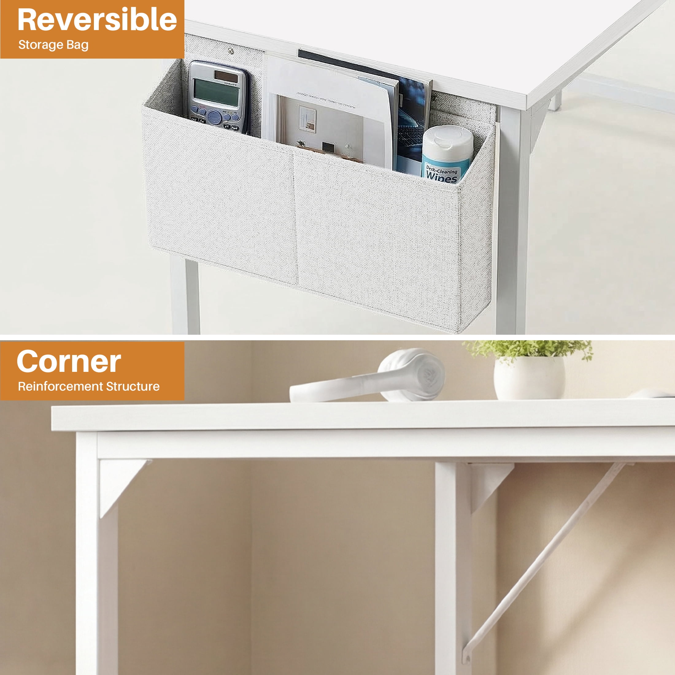 edx 63" Home Office Desk, Computer Desk with Storage Bag & Hook, Waterproof Top & Metal Frame, Modern Simple Study Writing Table for Bedroom, White