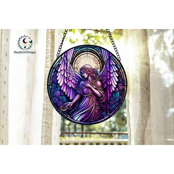 Angel with Wings Round Suncatcher – Stained Glass Acrylic or Glass Window Hanging, Magical Religious Decor 1898598341