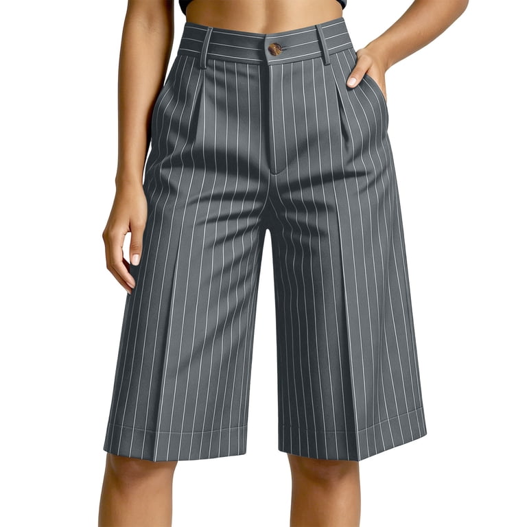 Utoimkio Women's Pinstripe Knee Length Shorts High Waisted