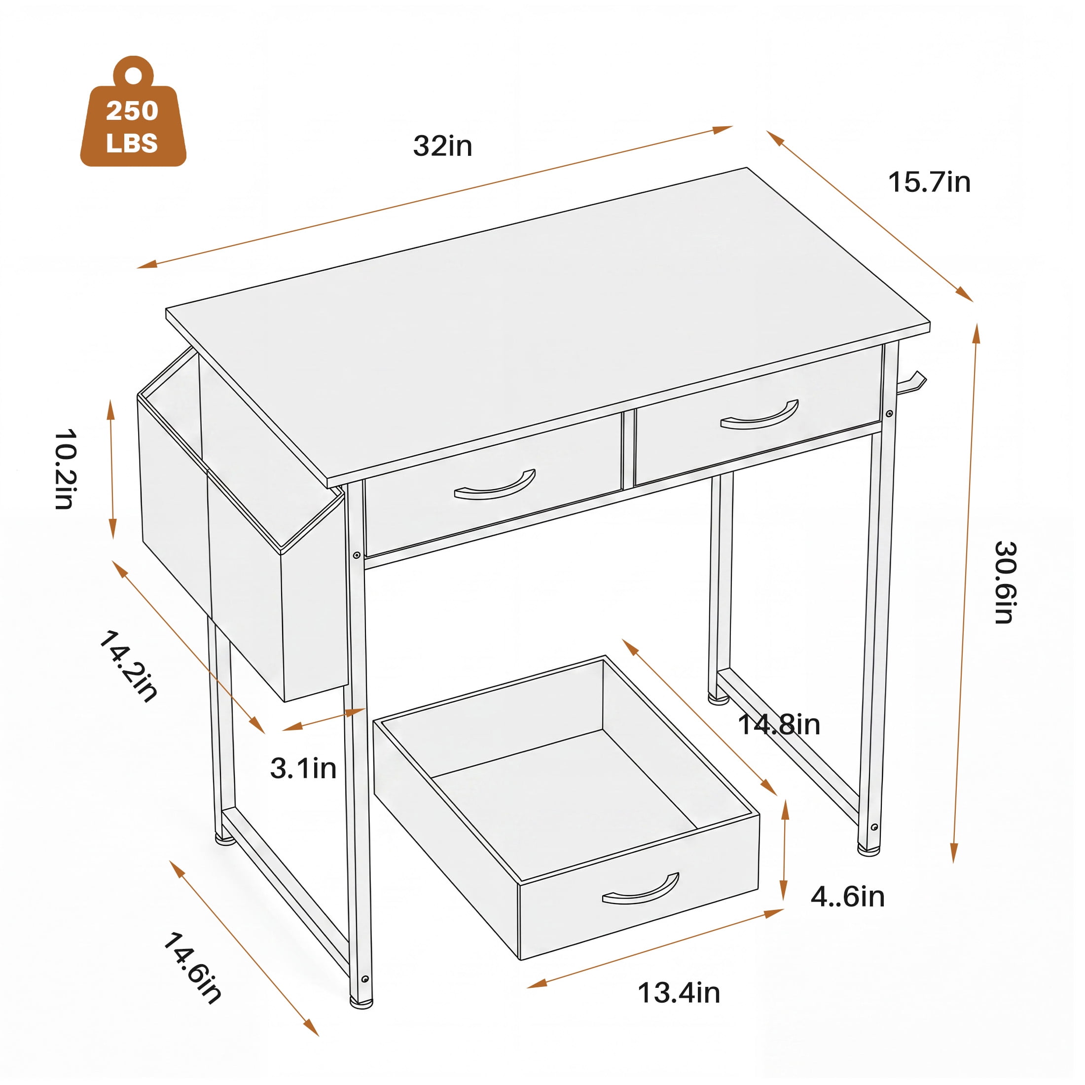 edx Small Desk with Drawers Storage Bag Iron Hook, 32 Inch Computer Desk Modern Gaming Writing Desk Study Table for Home Office, Black