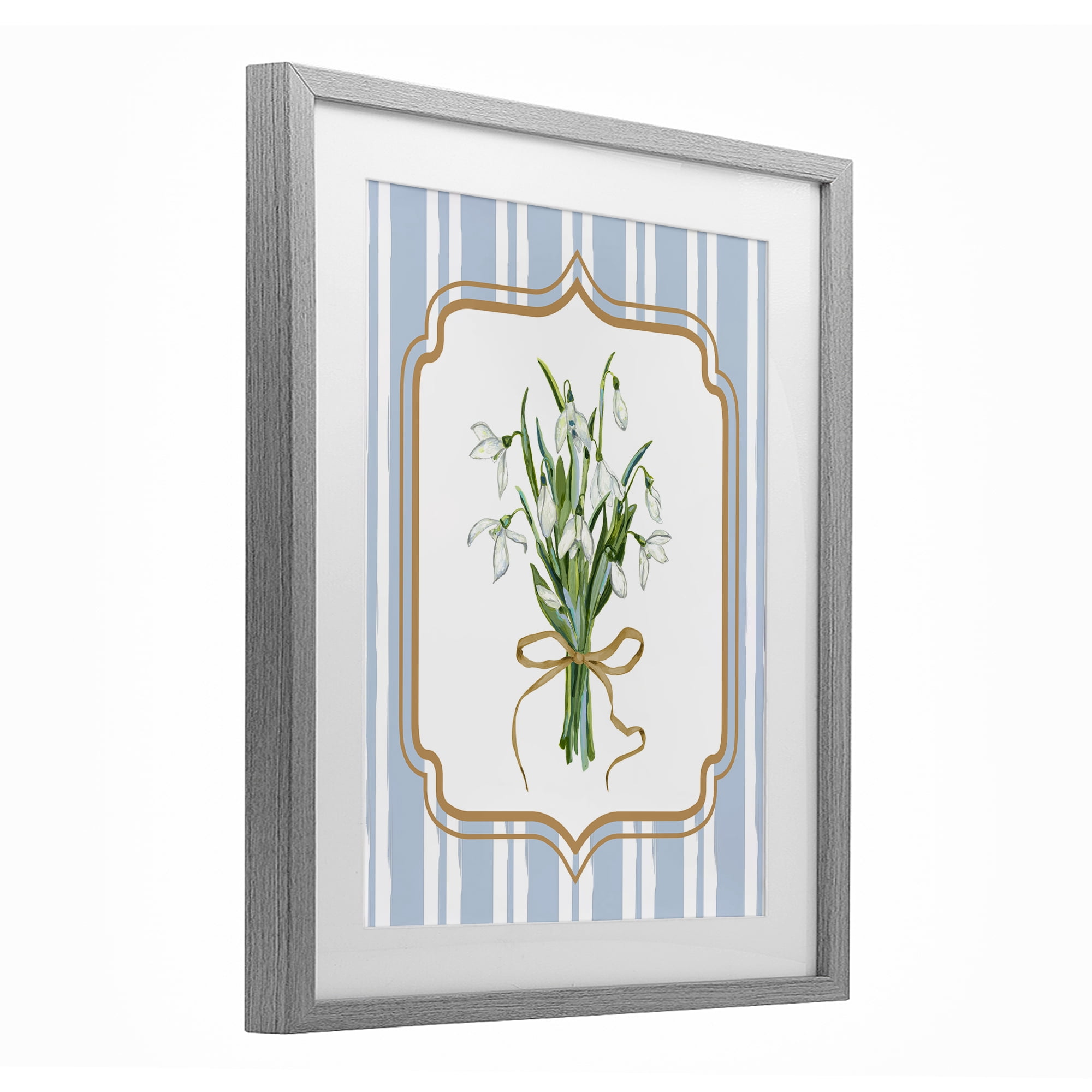 White Flower Bundle on Stripes Gray Framed Print Under Glass, design by Adonna Ebrahimi