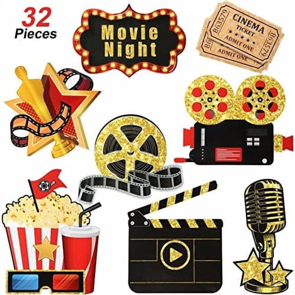 32-Piece Red Carpet Movie Party Decor: Double-sided cutouts, table toppers (gold/black theme). Photo booth props — movie night supplies.