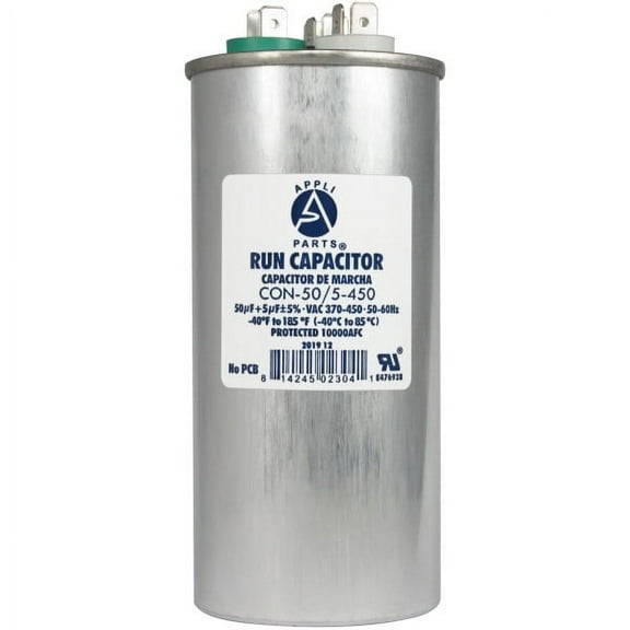 Appli Parts Dual Run Capacitor for ac 50 5 Mfd uF (microfarads) 370 or 450VAC CBB65 Round Universal fit for hvac and other applications 5-1/4 in High 2-1/8 in Wide CON-50/5-450 Replaces CAP-50/5-450