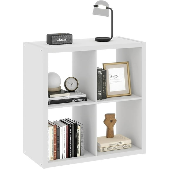 2 x 2 White Cube Storage Organizer, 14.6" x 30" x 30" Wood Cubby Shelf with Four Organized Spaces, Four Cube Organizers Bookcase for Bedroom, Living Room, Playroom, White