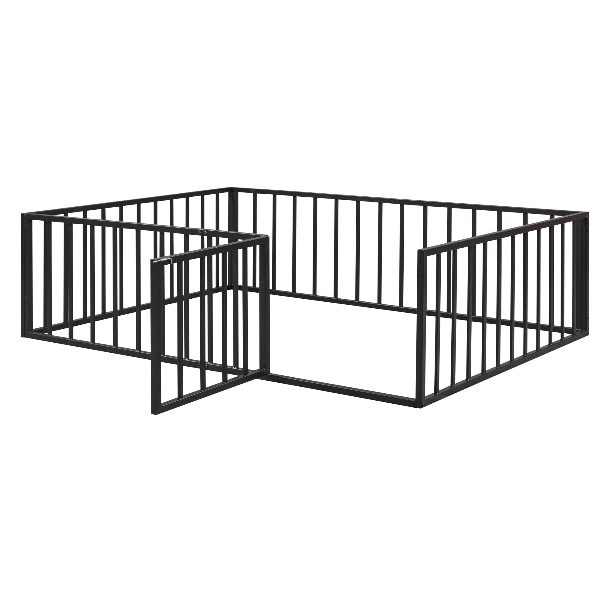 Aukfa Full Size Metal Bed Frame with with Fence and Door, Floor Bed for Kids Toddler, Black