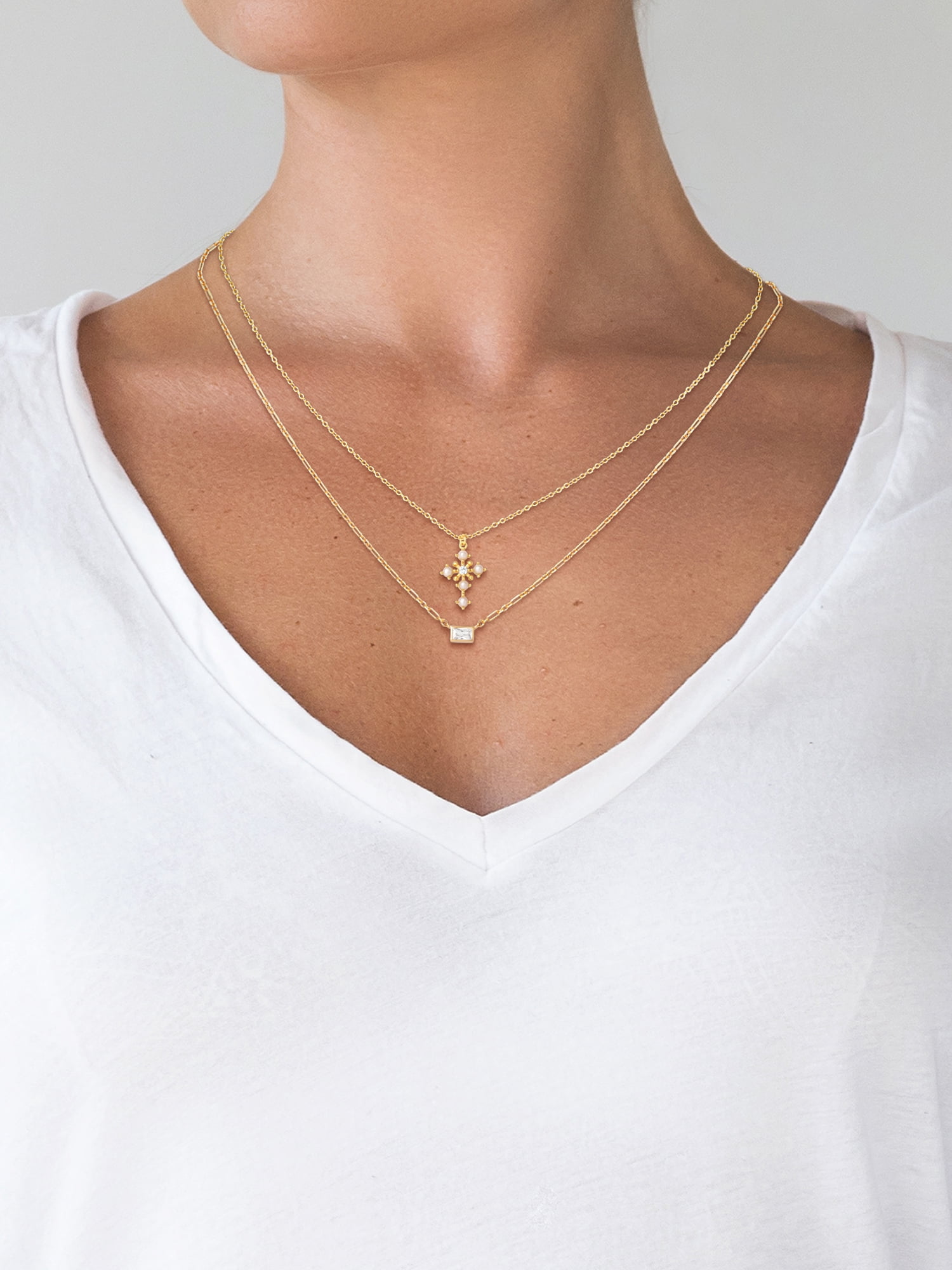 JS Jessica Simpson Gold Plated Sterling Silver CZ and Pearl Cross Layering Necklace Set