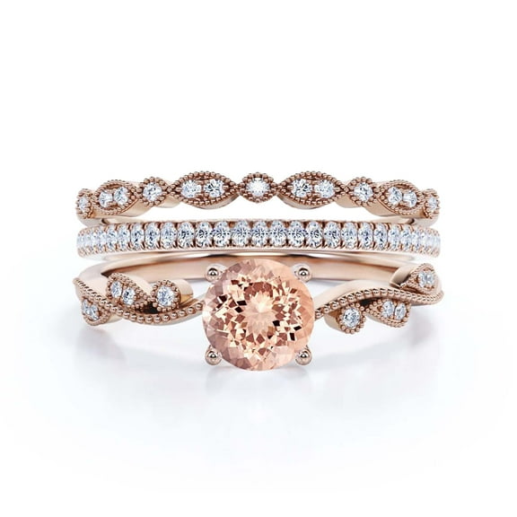 Dazzling 2.25 Carat Round Cut Morganite And Diamond Moissanite Classic Inspired Engagement Ring, Unique Twist Band Wedding Ring in 925 Sterling Silver With 18k Rose Gold Plating, Two Matching Band