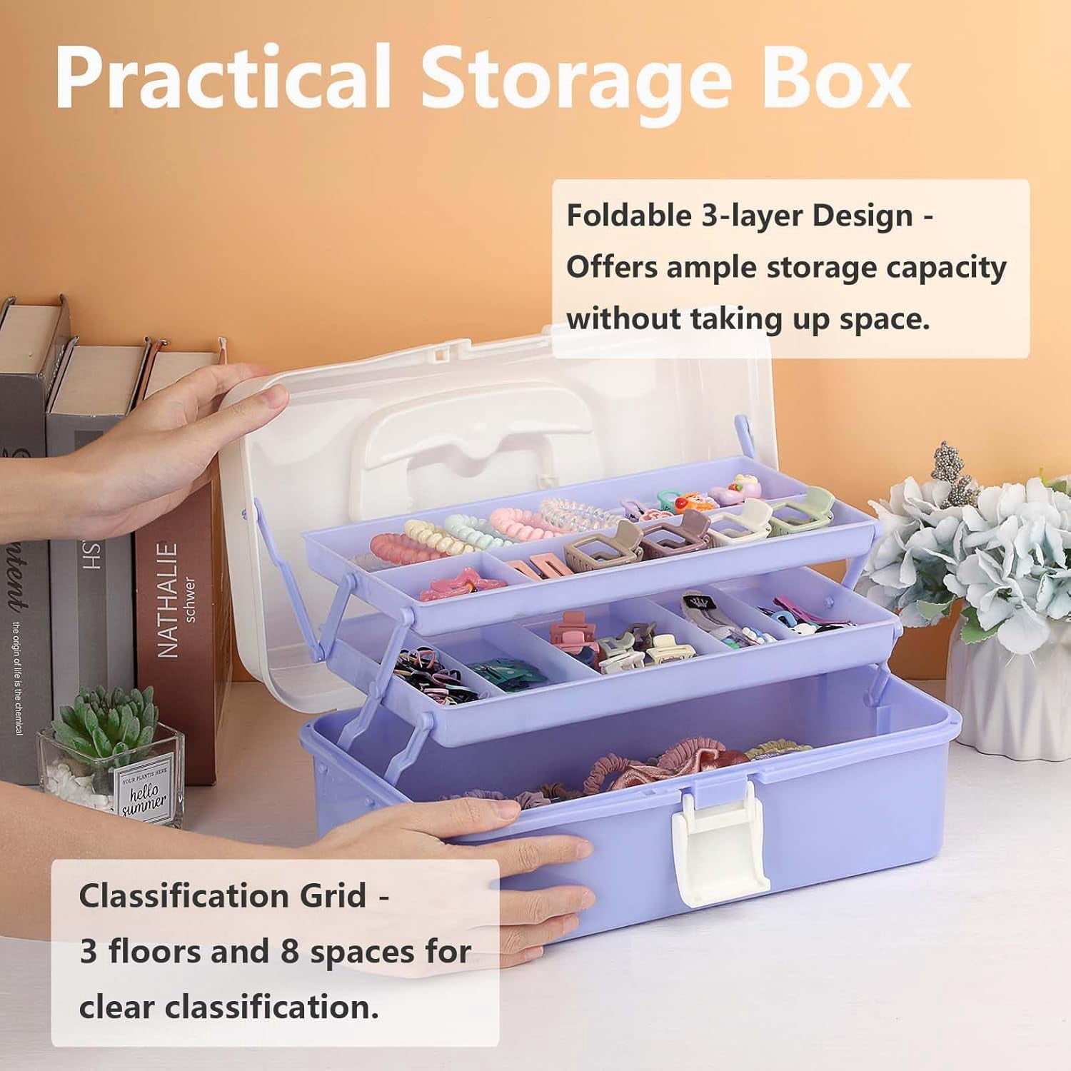 3-Layer Plastic Storage Box 12.8" Multipurpose Craft Organizers with Dividers & Handle, Hair Accessories Organizer Folding Craft Tool Case Portable Tackle Box for Sewing Art Cosmetic, Purple