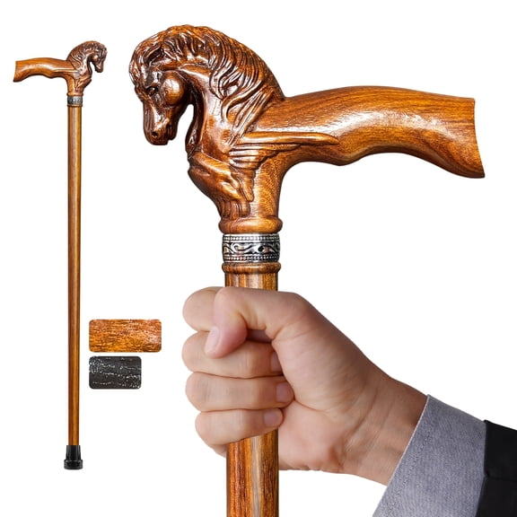 ispuoocti Wood Walking Cane, Elegant Hand-Carved Horse Head Wooden Walking Cane for Men and Women, Handmade Stylish Canes for Seniors, Light Stable High-end Canes Suitable for Gift Giving
