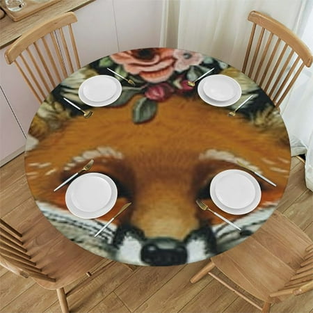 

BANET Fitted Round Tablecloth Fox Cute Fox Flower Wreath Animal Table Cover Elastic Edged Table Cloth Fits Round Tables 46 -50