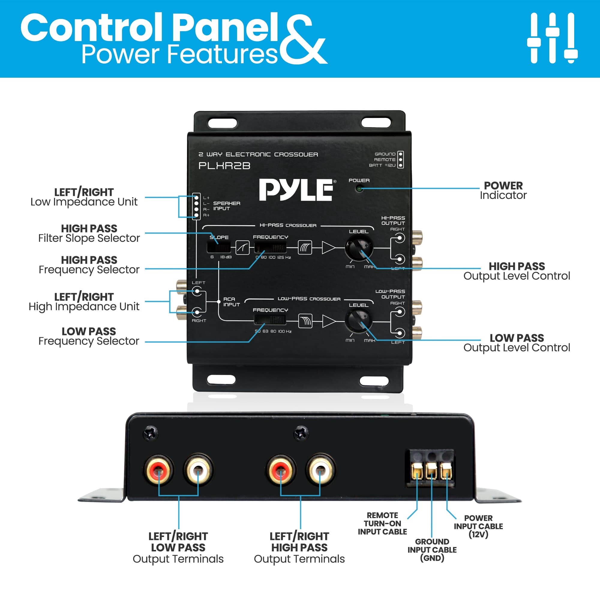 Pyle 2-Way Electronic Crossover Network Independent HighPass LowPass Controls 4-Channel RCA Outputs
