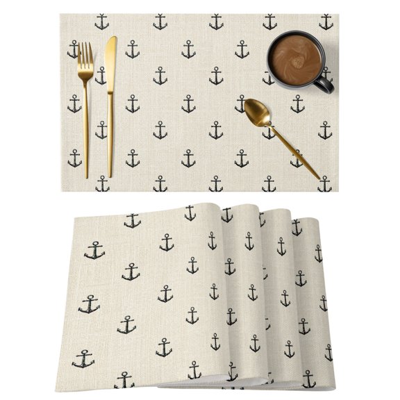 Nautical Anchor Placemats Set of 6, Minimalist Coastal Black Anchor Linen Background Non-Slip Place Mats Washable Table Mats for Kitchen Dining Table Decorations Indoor/Outdoor