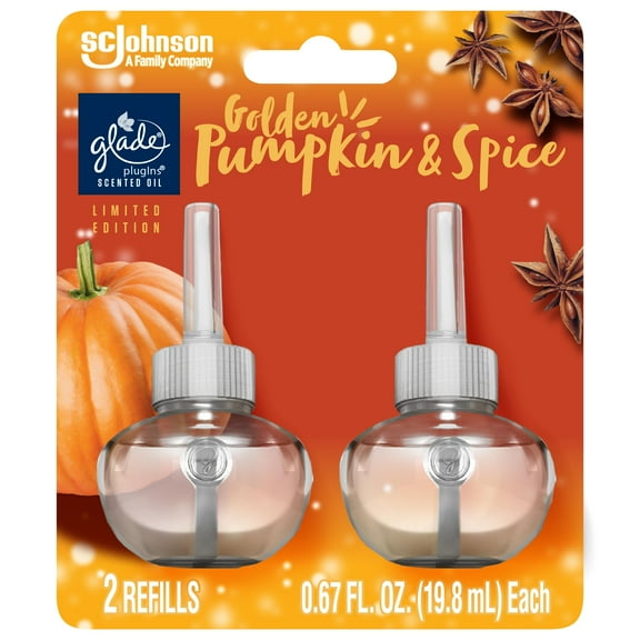 Glade PlugIns Refills Air Freshener, Scented and Essential Oils for Home and Bathroom, Golden Pumpkin & Spice, 1.34 Fl Oz, 2 Count