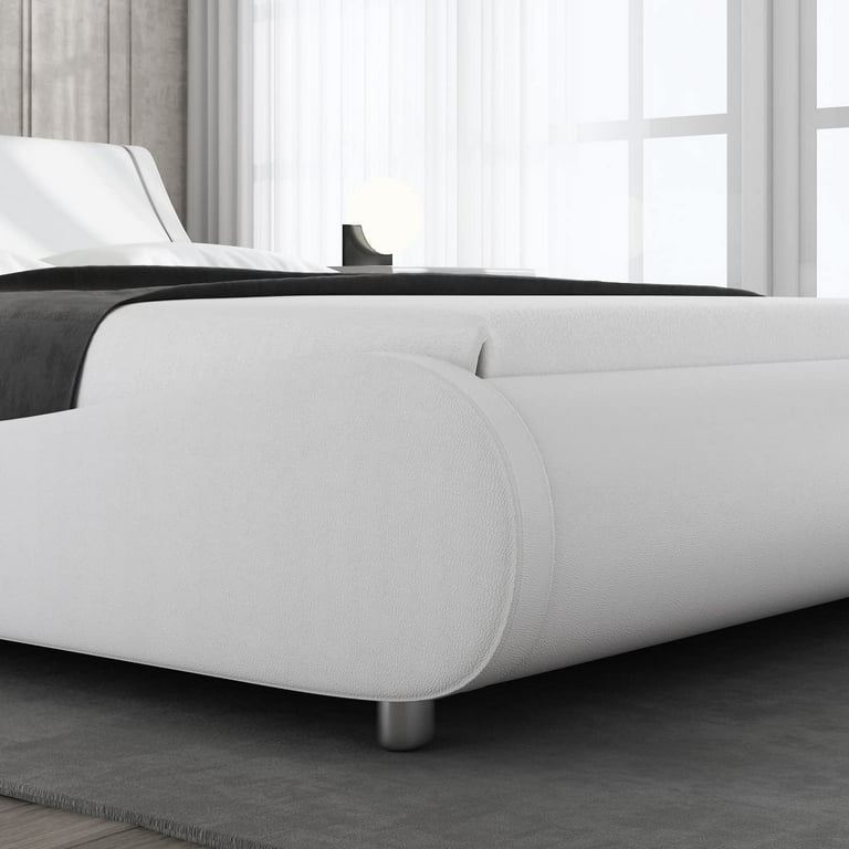Allewie Low Profile Wave-Like Queen Size Platform Bed Frame with Leather Curved Adjustable Headboard, White Allewie Low Profile Wave-Like Queen Size Platform Bed Frame with Leather Curved Adjustable Headboard, White