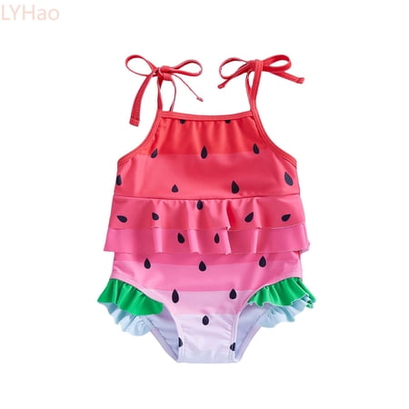 LYHao Girls Swimsuit Summer Baby Sun Watermelon Bowknot Pattern Toddler Swimwear One-Piece Bathing Suit 12-18 Months Red