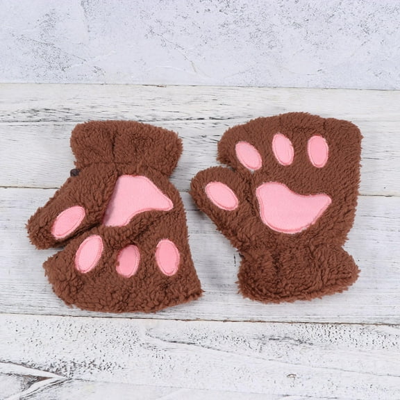 WHAMVOX 2pcs Plush Wool Cloth Half Finger Gloves Cat Paw Shape Cosplay Props for Women Kids Girls Coffee