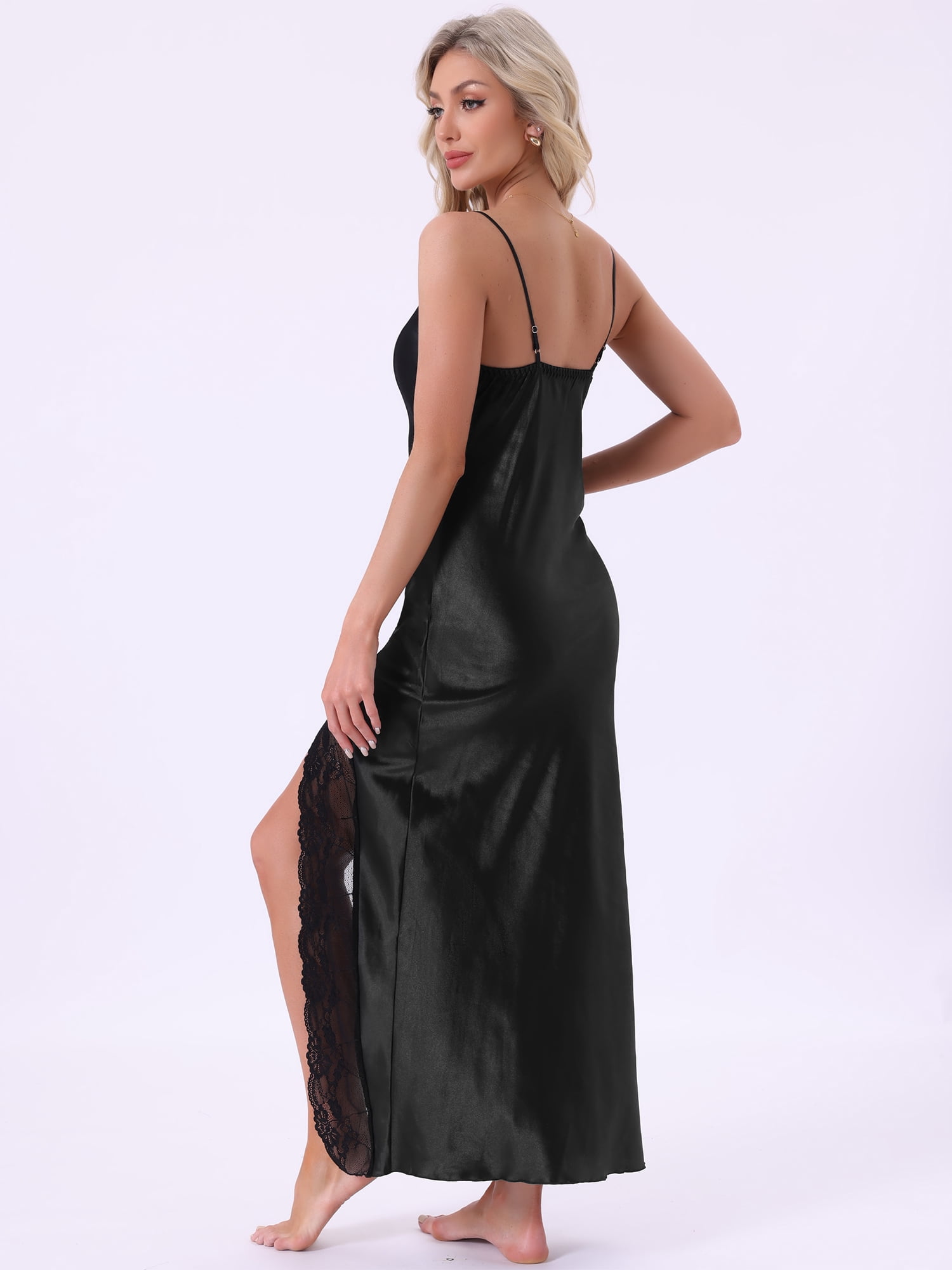 DARING DIVA Women's Long Satin Lace Slit Slip Lingerie V Neck Silky Chemise S Black