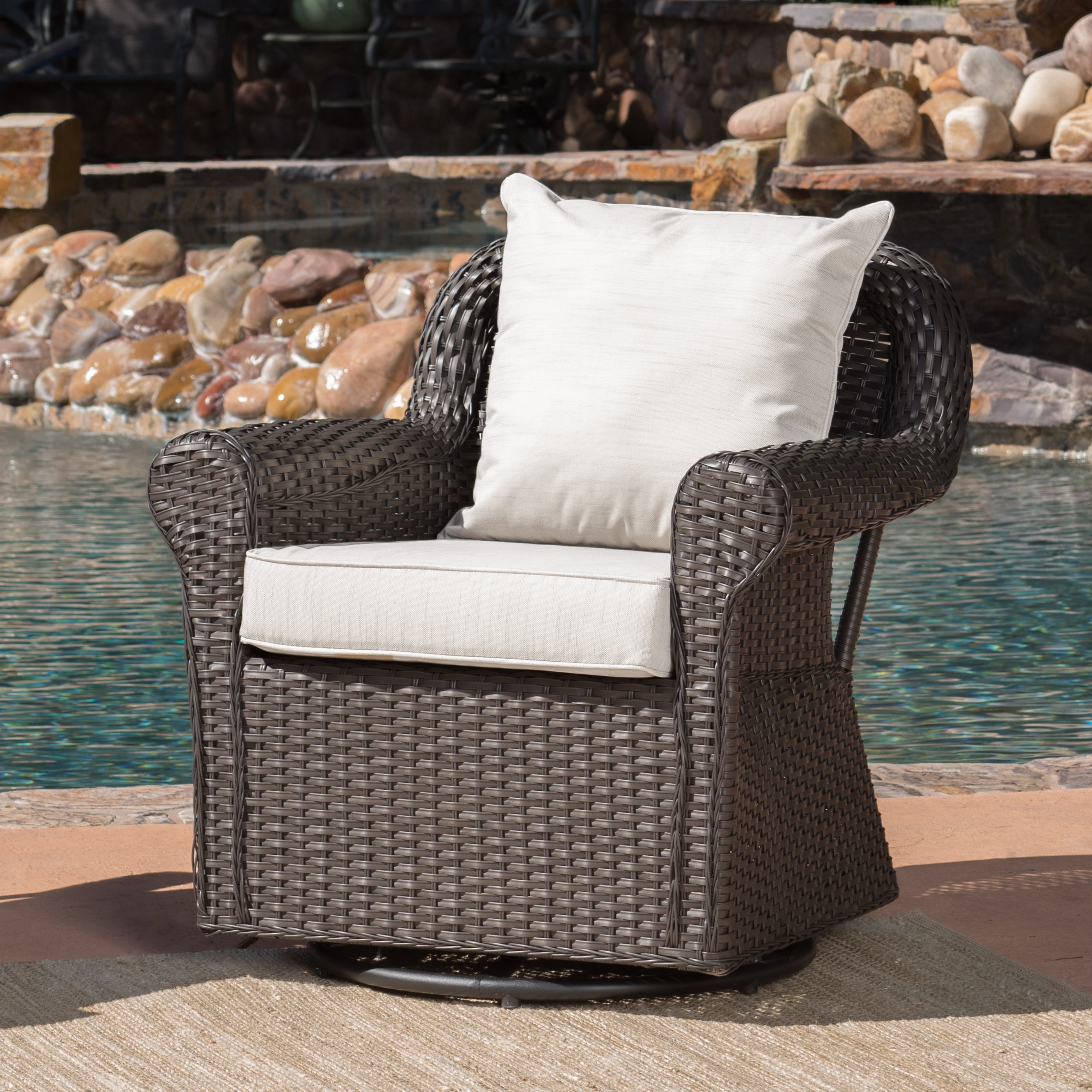 Aulena Outdoor Wicker Swivel Rocking Chair with Cushions, Dark Brown
