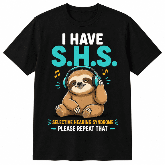 Funny Sloth Graphic T-Shirt for Men Women, S.H.S Selective Hearing Syndrome Cute Animal Tee, Novelty Humor Shirt, Casual Short Sleeve Gift for Dad Mom Friends Birthday Christmas