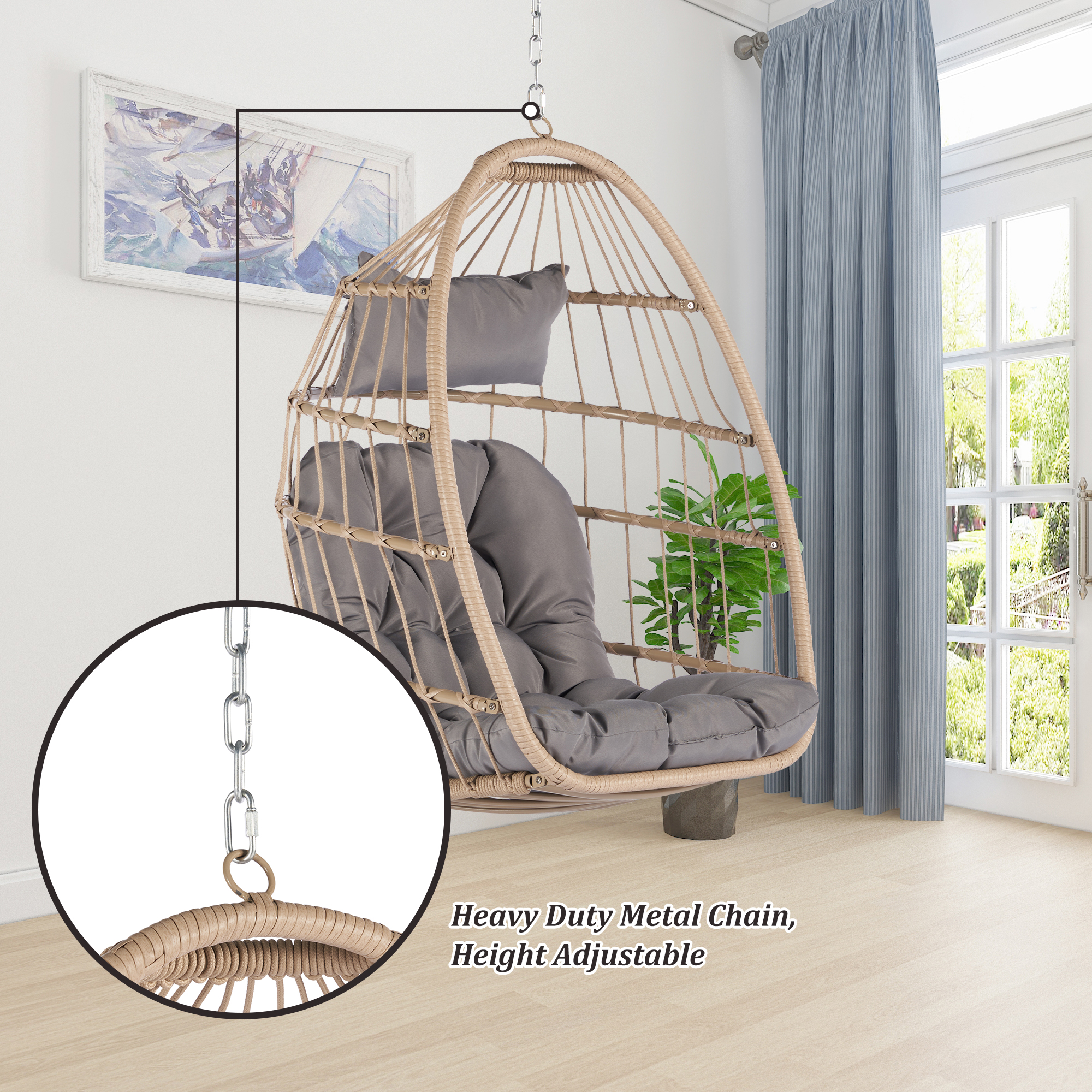 Patio Wicker Hanging Chair, Egg Chair Hammock Chair with UV Resistant Cushion and Pillow for Indoor Outdoor, Patio Backyard Balcony Lounge Rattan Swing Chair - image 3 of 6