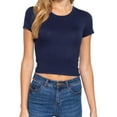 thumbnail image 2 of Simply Fashion Women's Ribbed Crop Top – Short Sleeve Crew Neck Fitted Tee – Stretch Rayon Spandex Knit,navy,small, 2 of 4