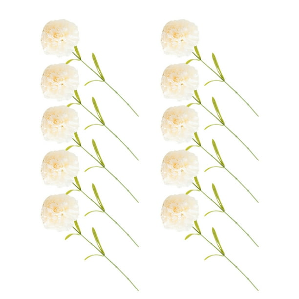 Bewildely 10 Uds. De flores artificiales de clavel, flor falsa de una sola cabeza con hojas verdes, flores para boda, hogar, sala de estar, Decoración Blanco