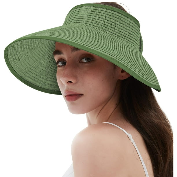 Sombreros de visera para mujer, sombrero de playa de paja de ala ancha, sombreros de cola de caballo para mujer, disquete plegable