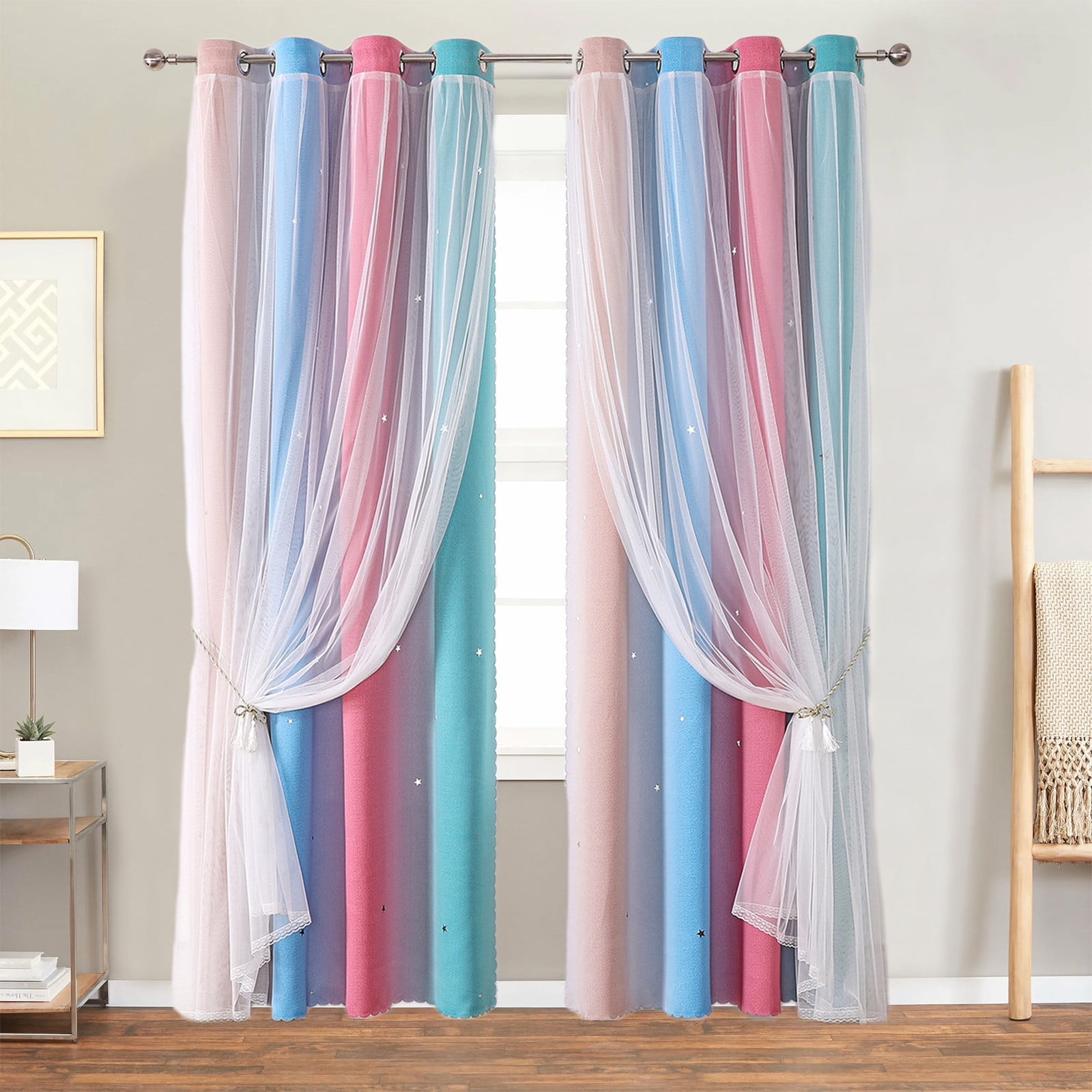 2-in-1 Double-Layer Kids & Girls Unicorn Princess Ombre Blackout Curtains with Foil Print Sheer,Panels for Bedroom, Nursery, Living Room - Yellow Purple Blue, 52W x 63L