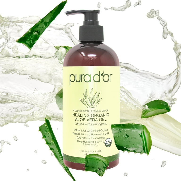 PURA D'OR Organic Aloe Vera Gel Lemongrass Scented 16 Fl Oz