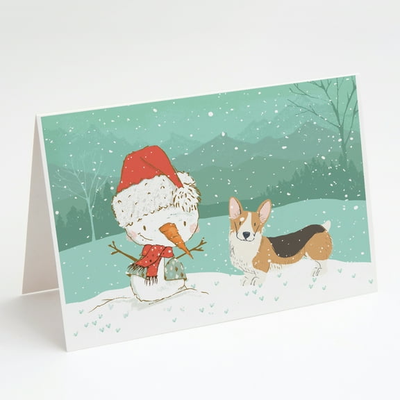 Tricolor Pembroke Corgi Snowman Christmas Greeting Cards and Envelopes Pack of 8