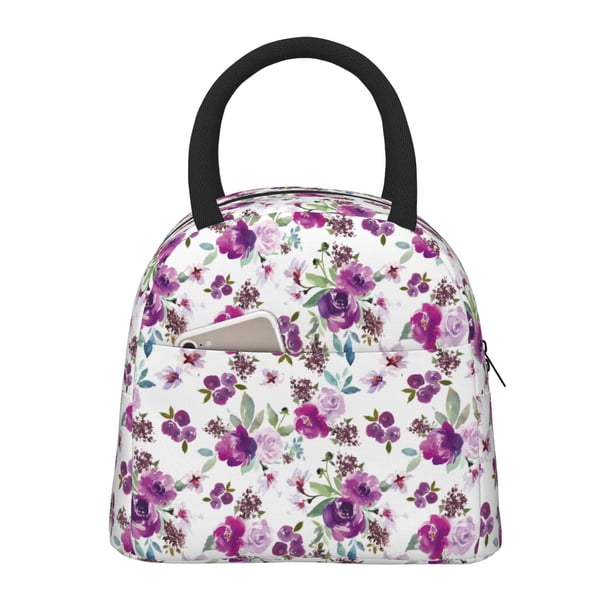Balery Violets Flowers Bolsa de Almuerzo para Mujeres, Caja de Almuerzo, Bolsa de Almuerzo Pequeña Impermeable, Tote de Almuerzo Reutilizable con Gran Capacidad